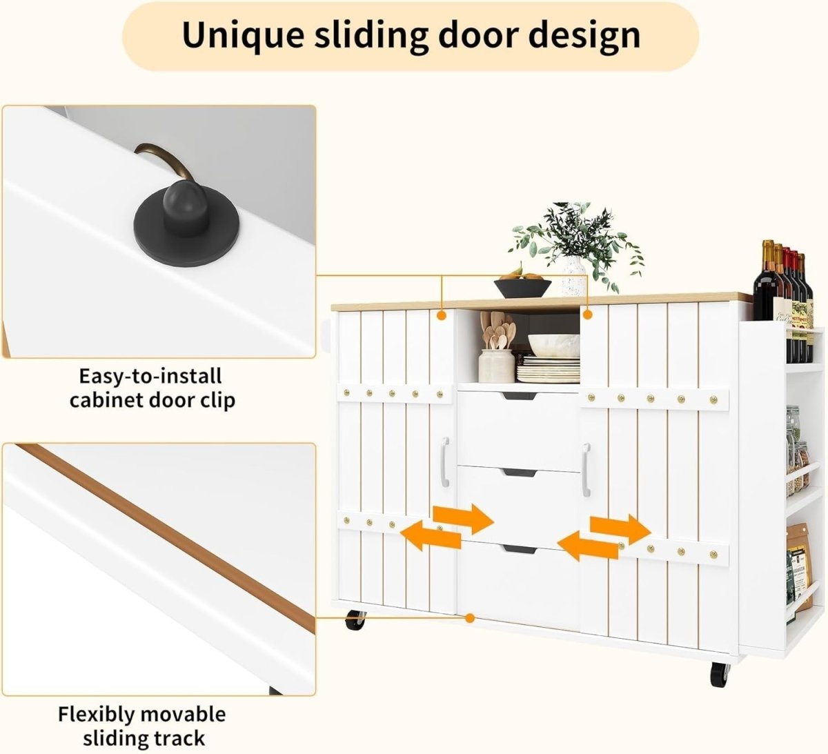 Kitchen Island Cart w Fold Out Table Sliding Doors - Kwikley