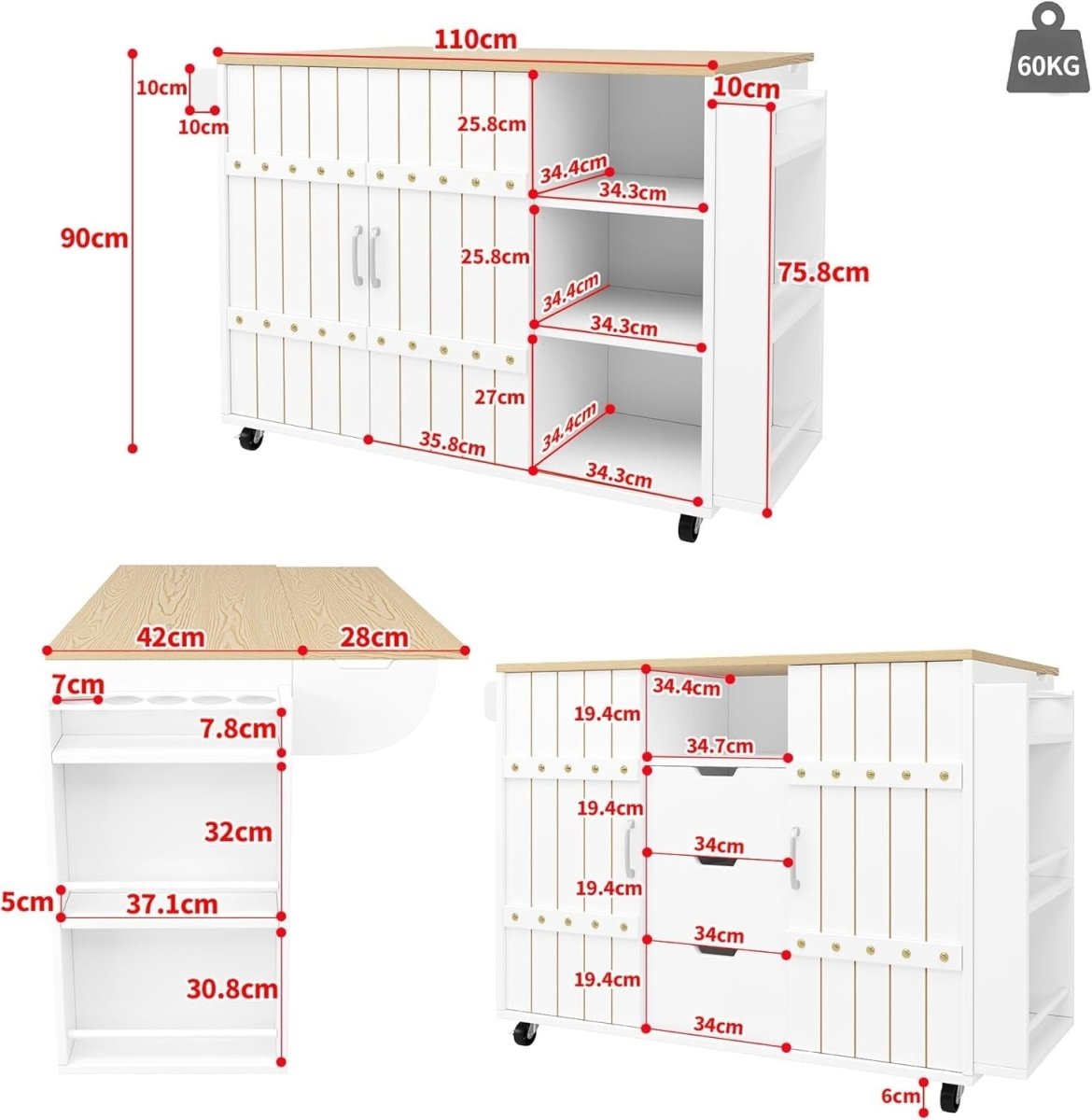Kitchen Island Cart w Fold Out Table Sliding Doors - Kwikley
