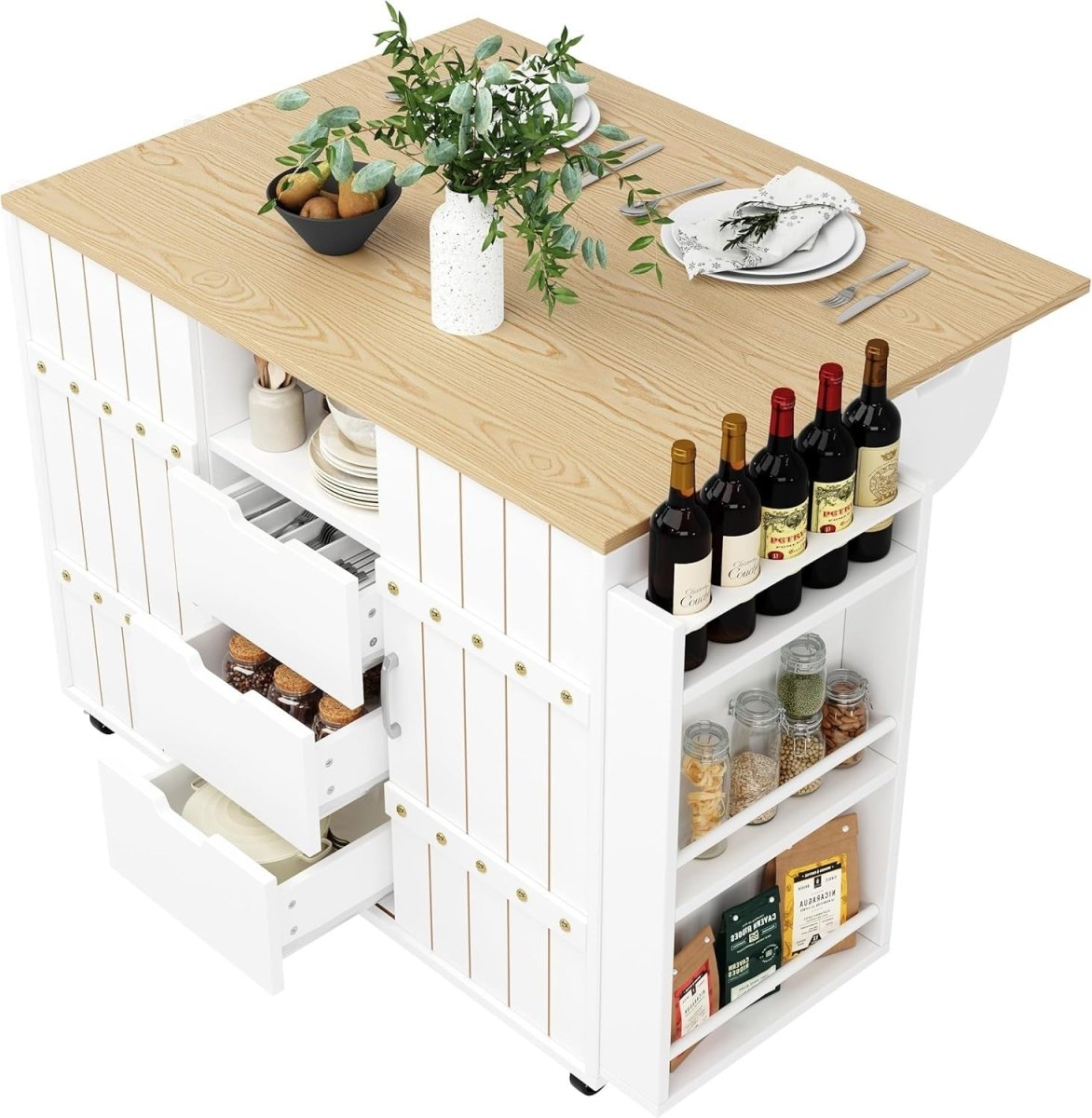 Kitchen Island Cart w Fold Out Table Sliding Doors - Kwikley
