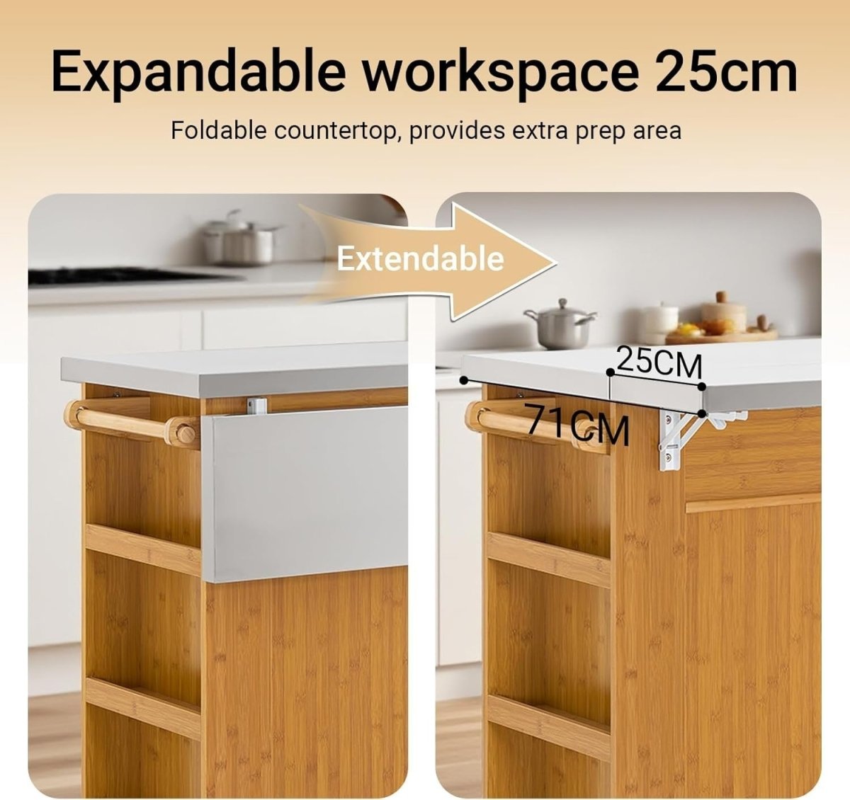 Kitchen Island on Wheels Extendable Stainless Steel Top - Kwikley
