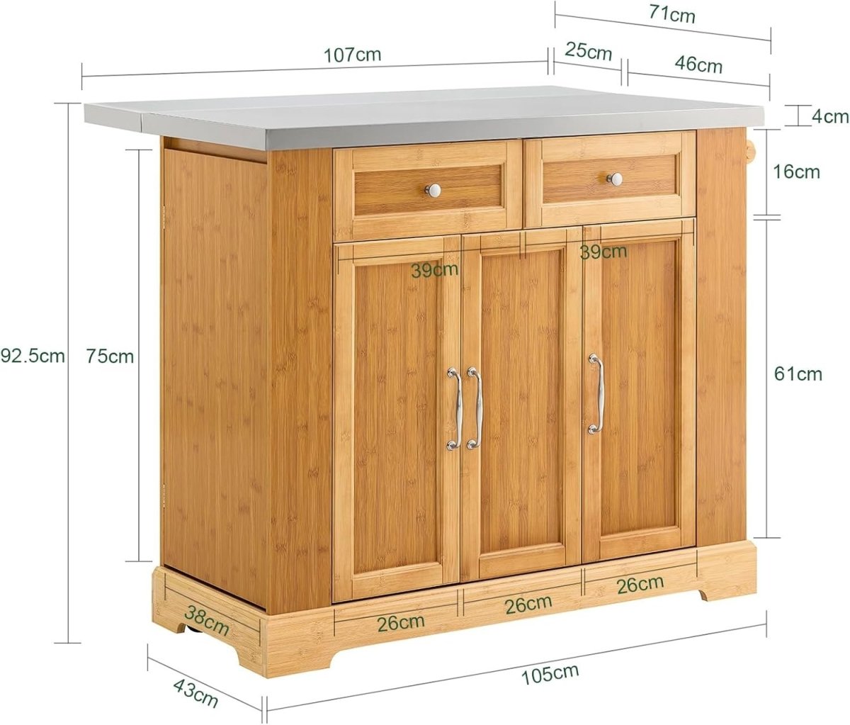 Kitchen Island on Wheels Extendable Stainless Steel Top - Kwikley