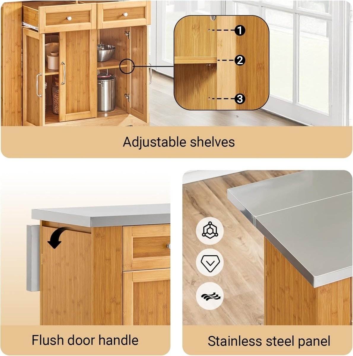 Kitchen Island on Wheels Extendable Stainless Steel Top - Kwikley
