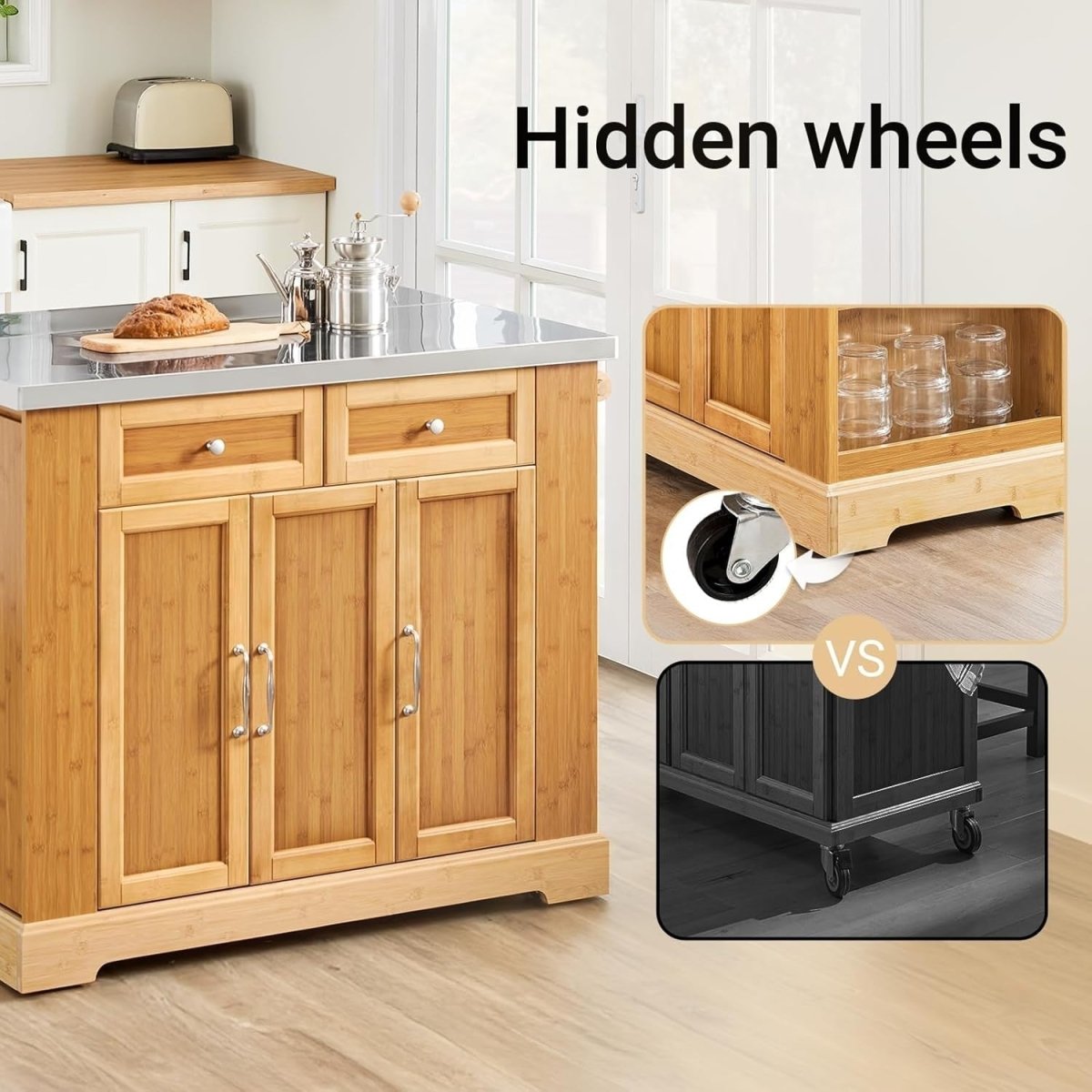 Kitchen Island on Wheels Extendable Stainless Steel Top - Kwikley
