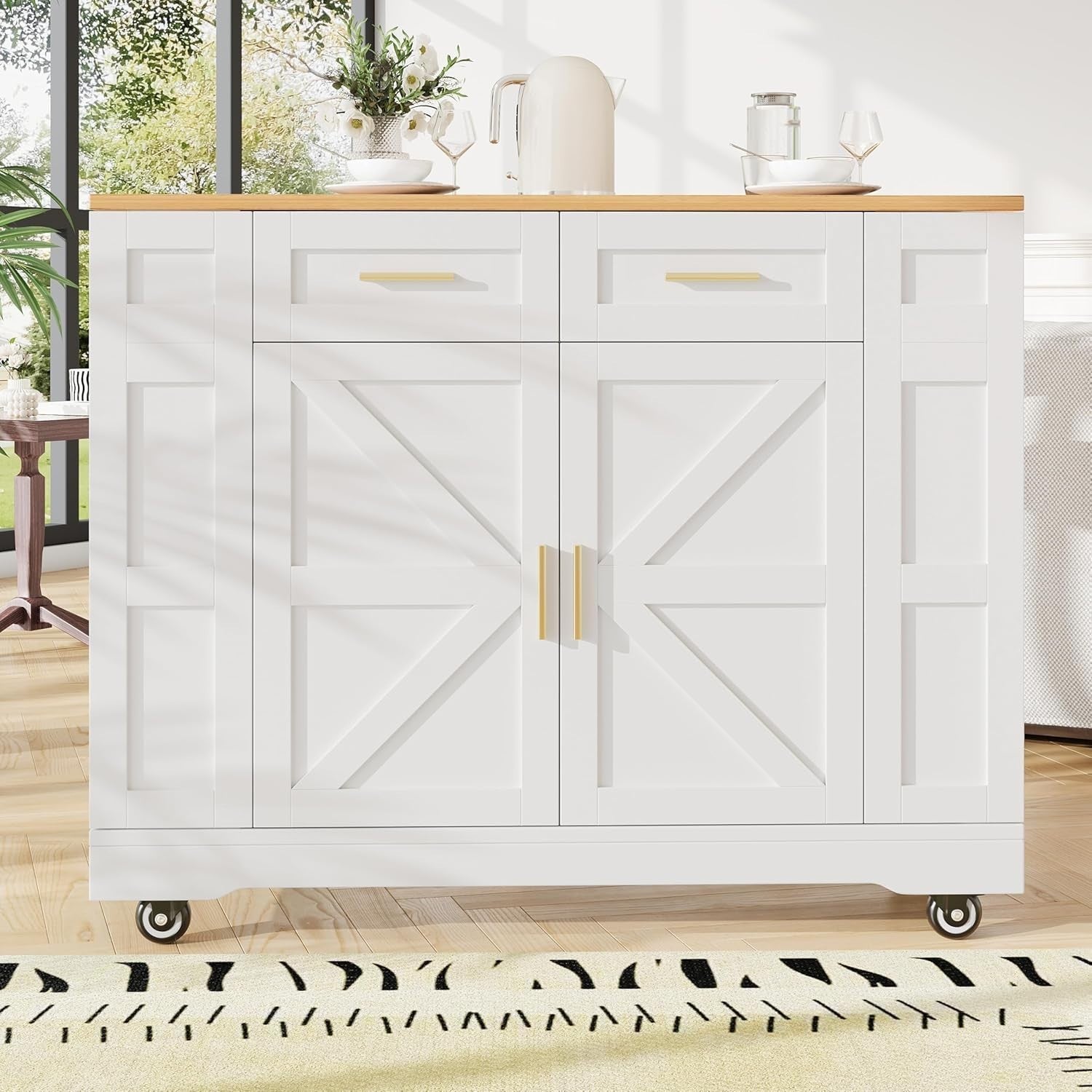 Kitchen Island on Wheels with Foldable Worktop, Drawers & Dual Storage Racks - Kwikley
