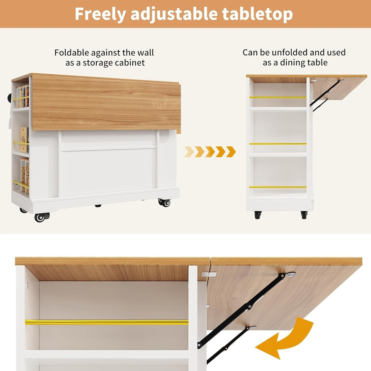 Kitchen Island on Wheels with Foldable Worktop, Drawers & Dual Storage Racks - Kwikley