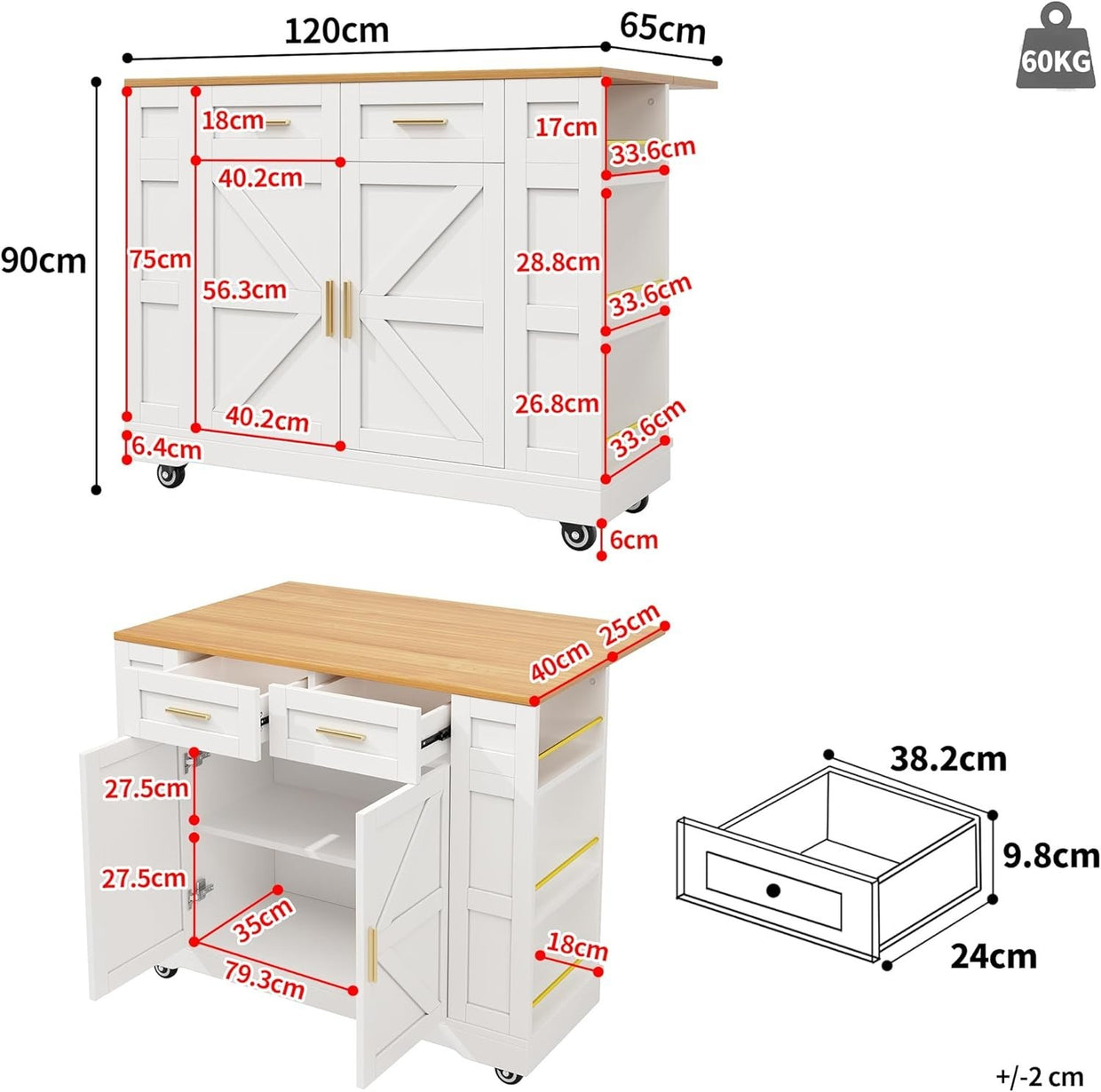 Kitchen Island on Wheels with Foldable Worktop, Drawers & Dual Storage Racks - Kwikley