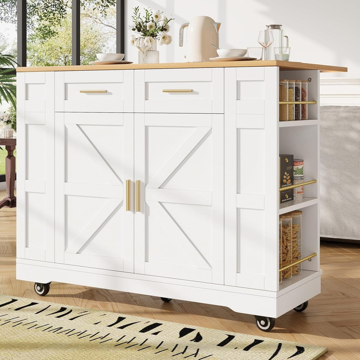 Kitchen Island on Wheels with Foldable Worktop, Drawers & Dual Storage Racks - Kwikley