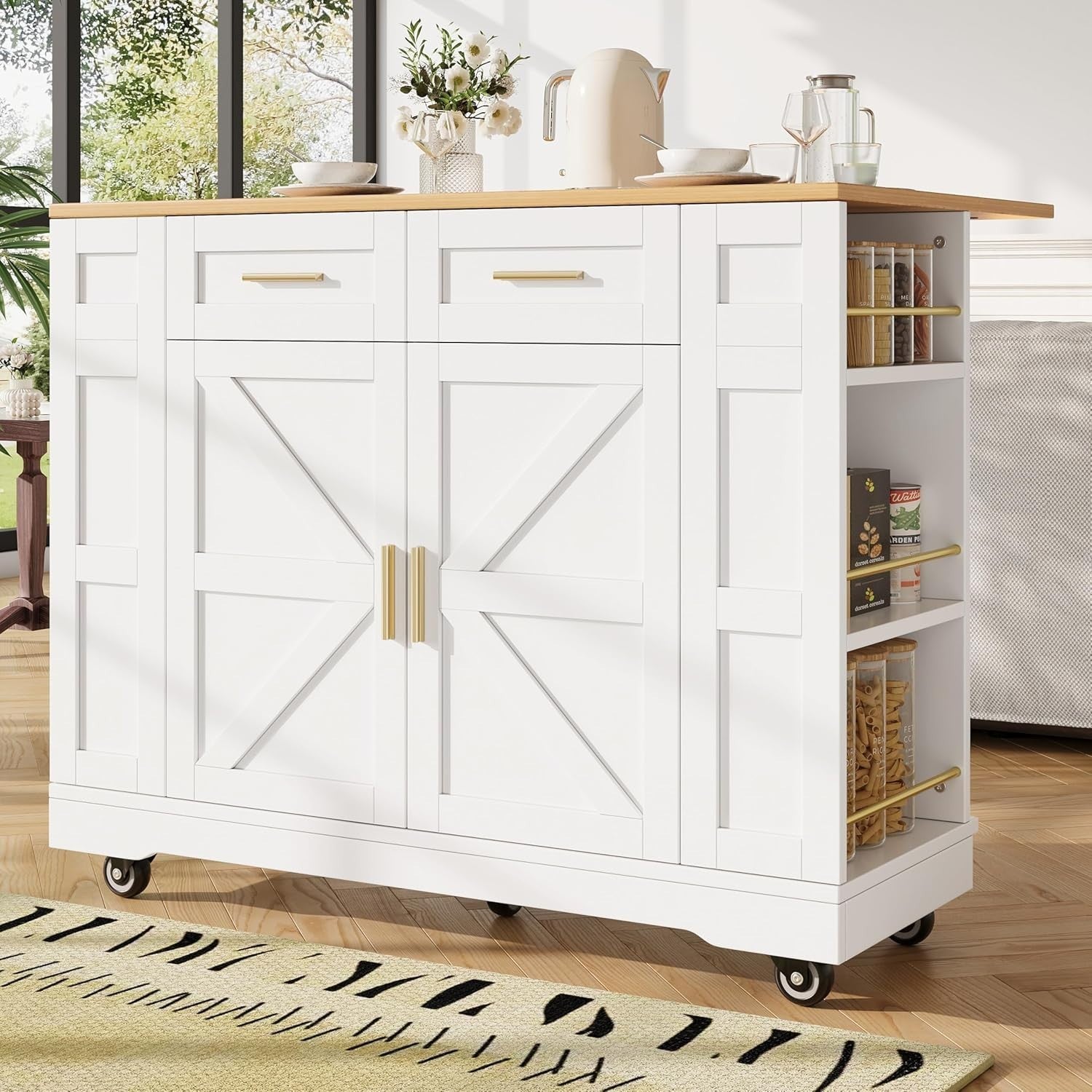 Kitchen Island on Wheels with Foldable Worktop, Drawers & Dual Storage Racks - Kwikley