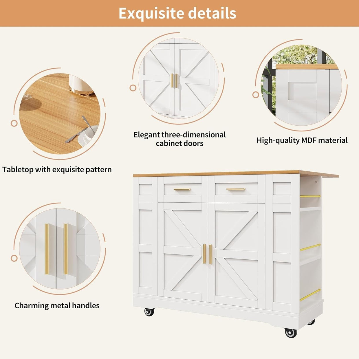 Kitchen Island on Wheels with Foldable Worktop, Drawers & Dual Storage Racks - Kwikley