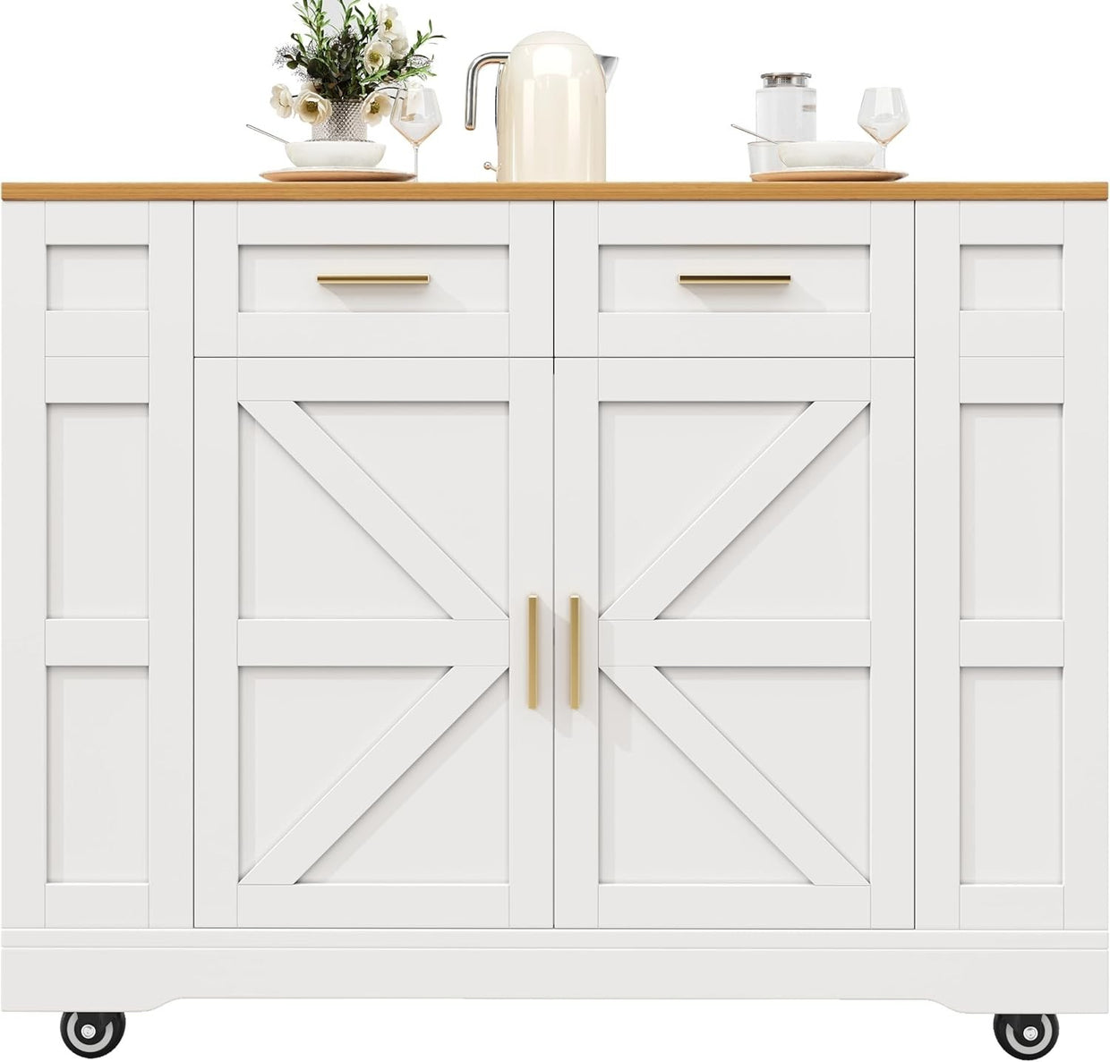 Kitchen Island on Wheels with Foldable Worktop, Drawers & Dual Storage Racks - Kwikley