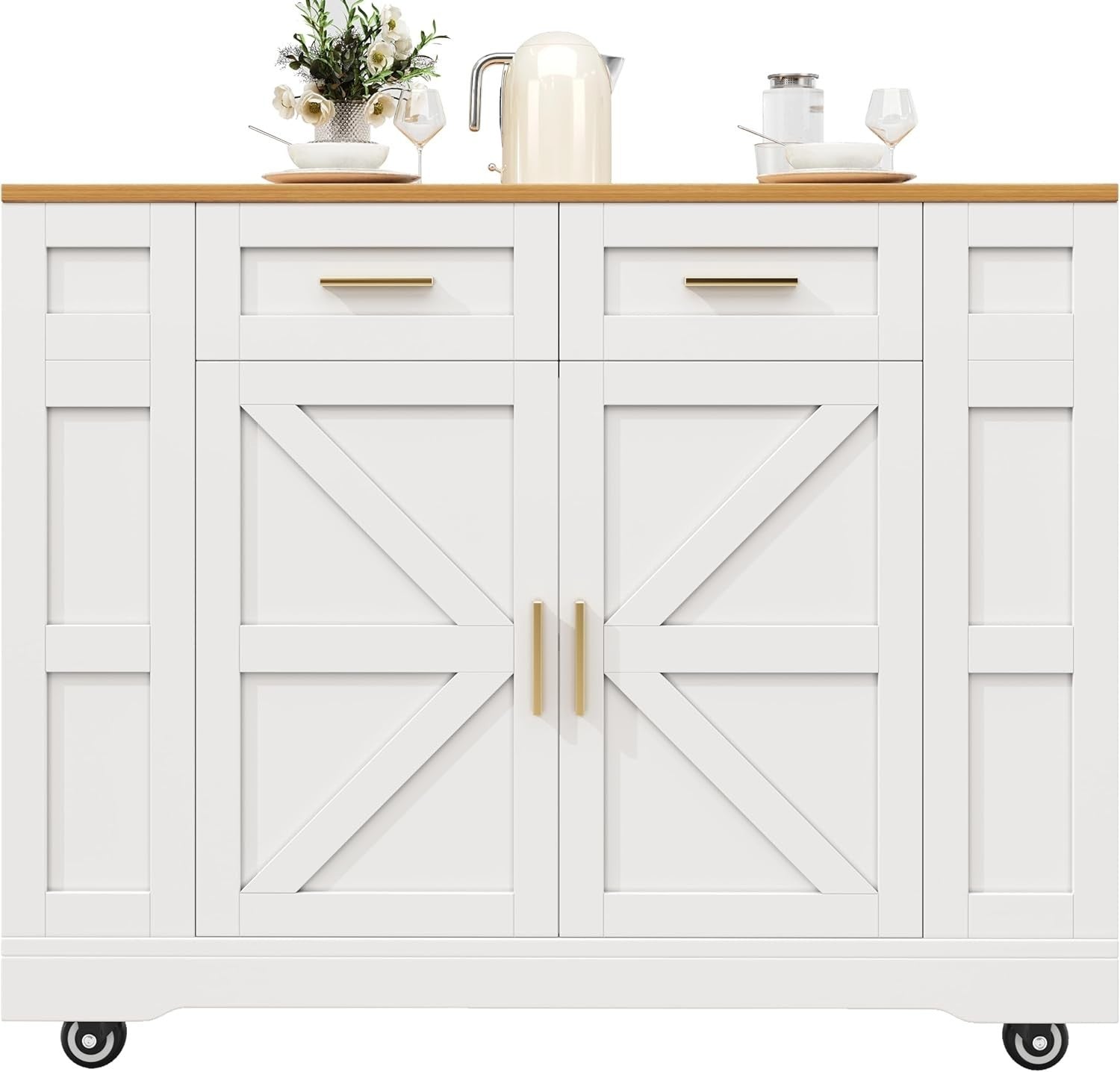 Kitchen Island on Wheels with Foldable Worktop, Drawers & Dual Storage Racks - Kwikley