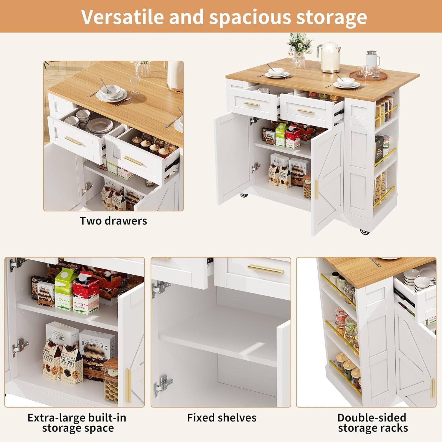 Kitchen Island on Wheels with Foldable Worktop, Drawers & Dual Storage Racks - Kwikley