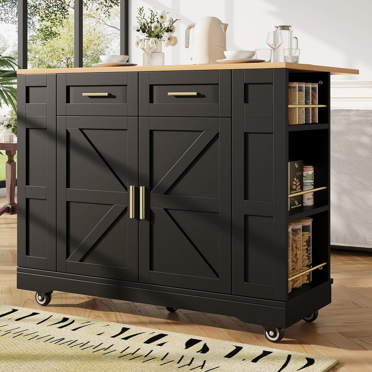 Kitchen Island on Wheels with Foldable Worktop & Storage Drawers, Black - Kwikley