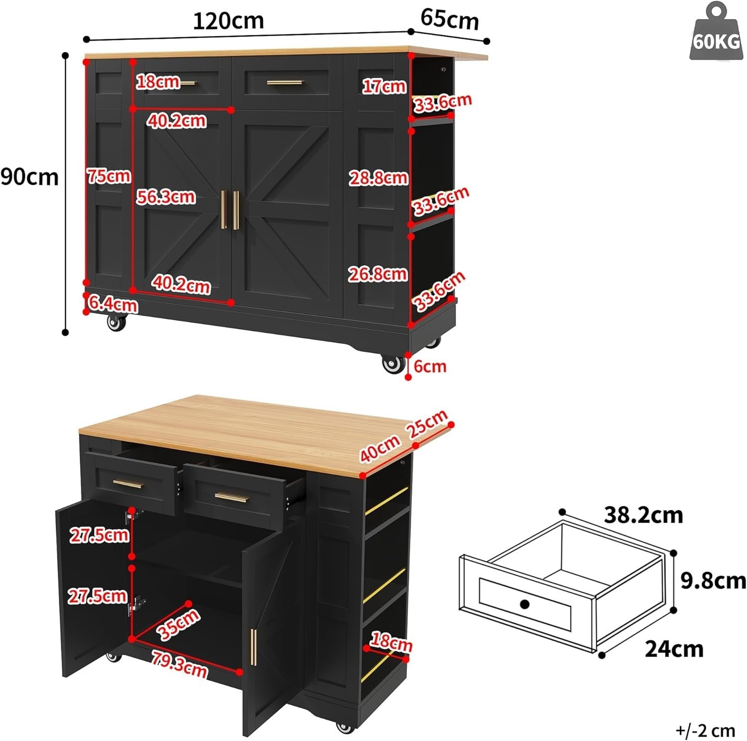 Kitchen Island on Wheels with Foldable Worktop & Storage Drawers, Black - Kwikley