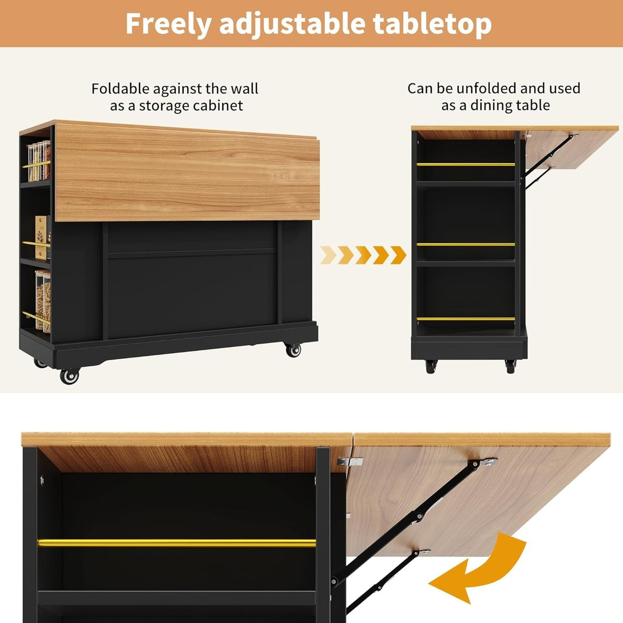 Kitchen Island on Wheels with Foldable Worktop & Storage Drawers, Black - Kwikley
