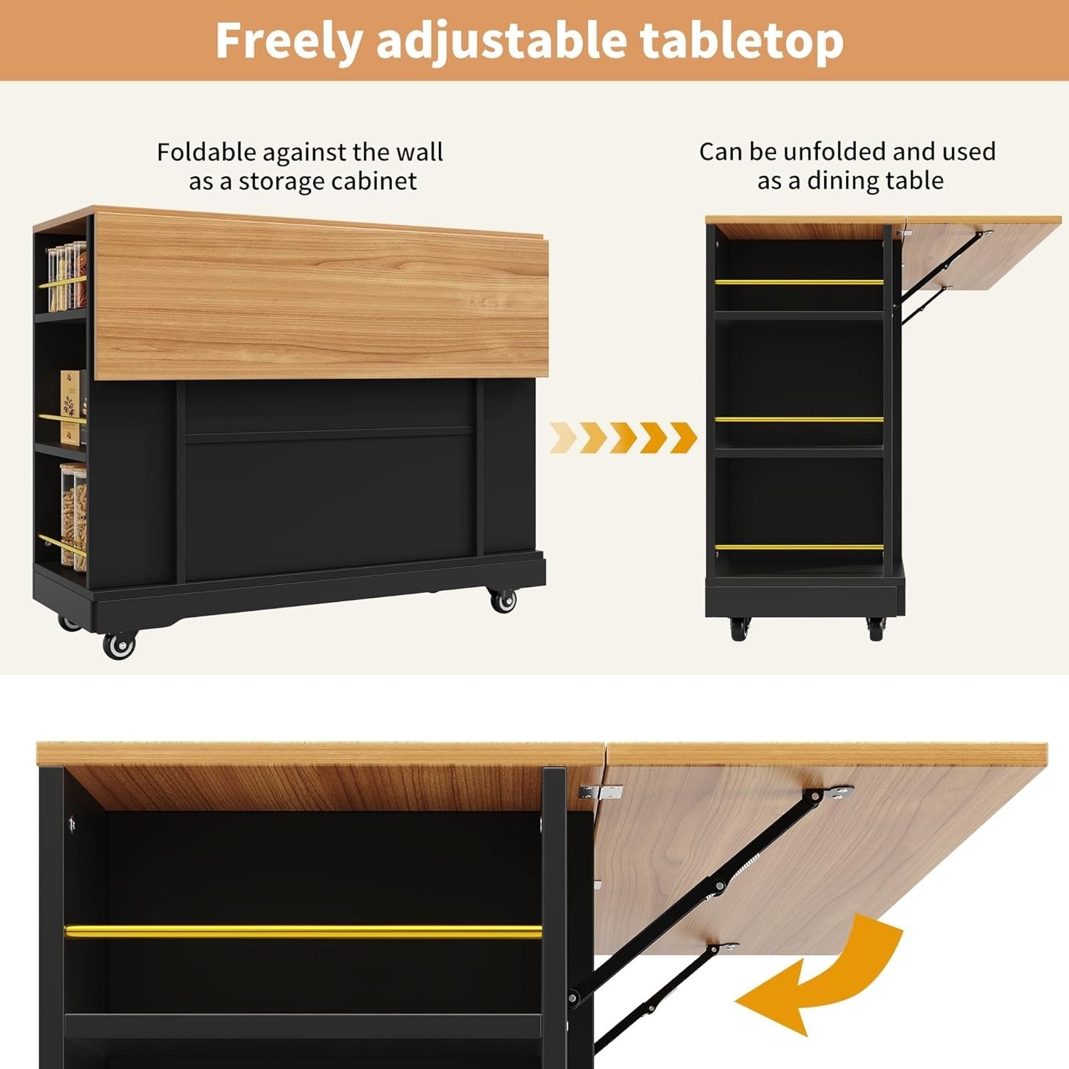 Kitchen Island on Wheels with Foldable Worktop & Storage Drawers, Black - Kwikley