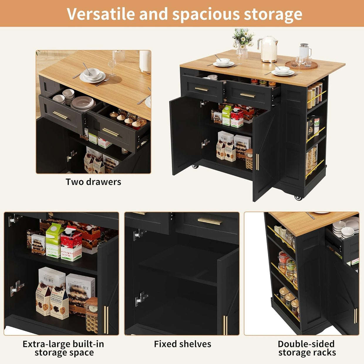 Kitchen Island on Wheels with Foldable Worktop & Storage Drawers, Black - Kwikley