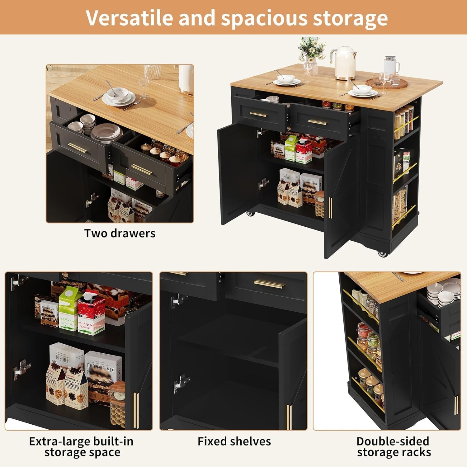 Kitchen Island on Wheels with Foldable Worktop & Storage Drawers, Black - Kwikley
