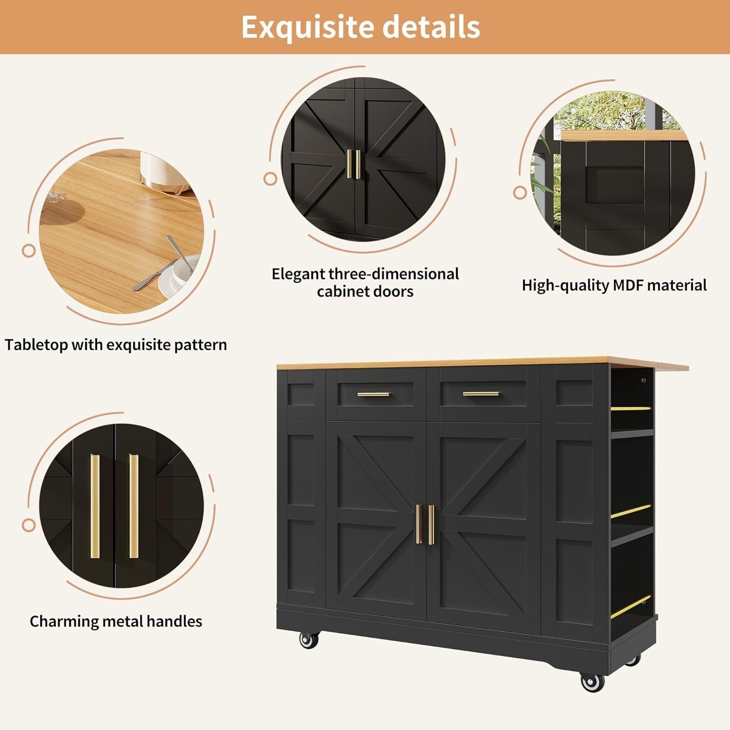 Kitchen Island on Wheels with Foldable Worktop & Storage Drawers, Black - Kwikley