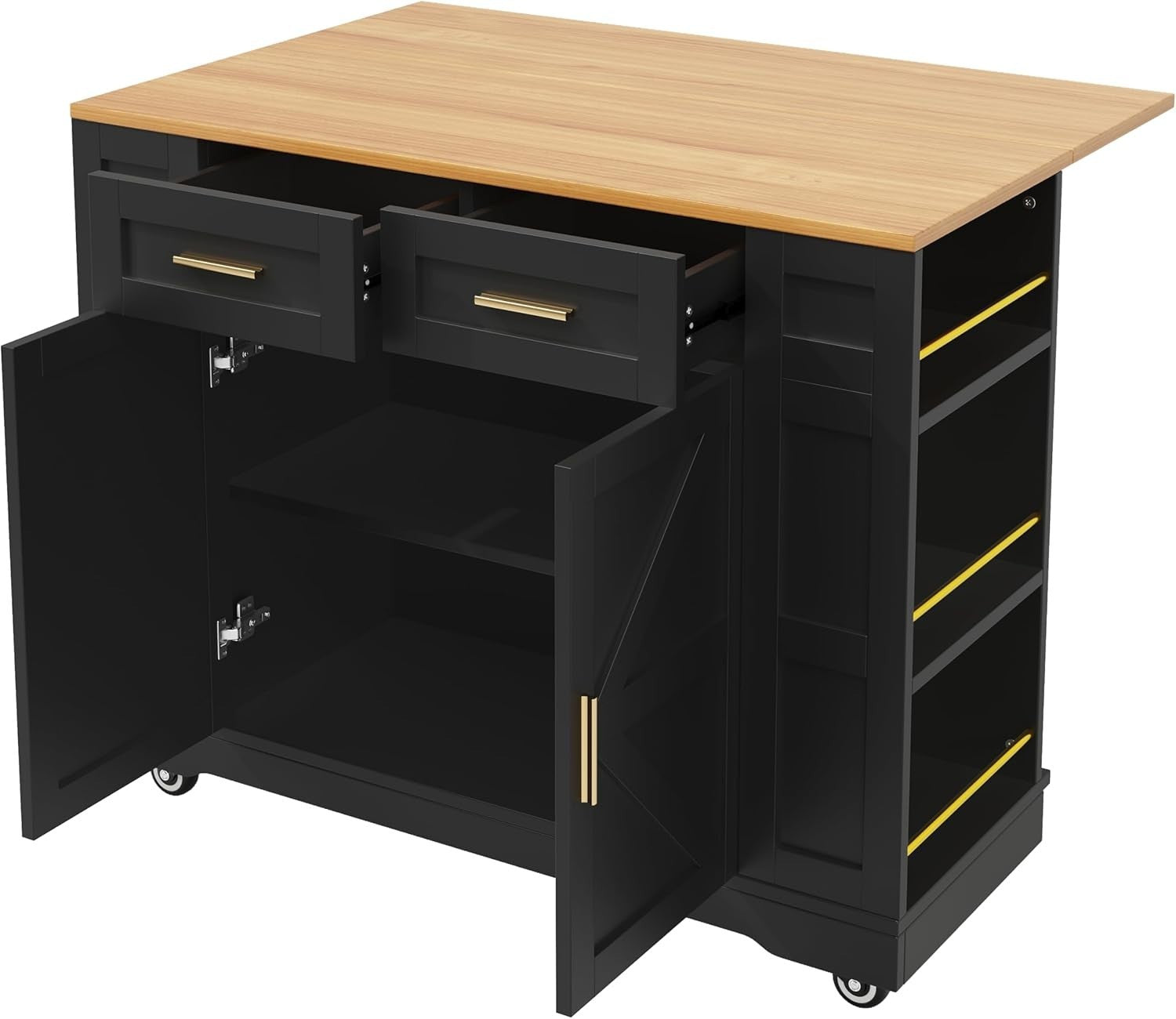 Kitchen Island on Wheels with Foldable Worktop & Storage Drawers, Black - Kwikley