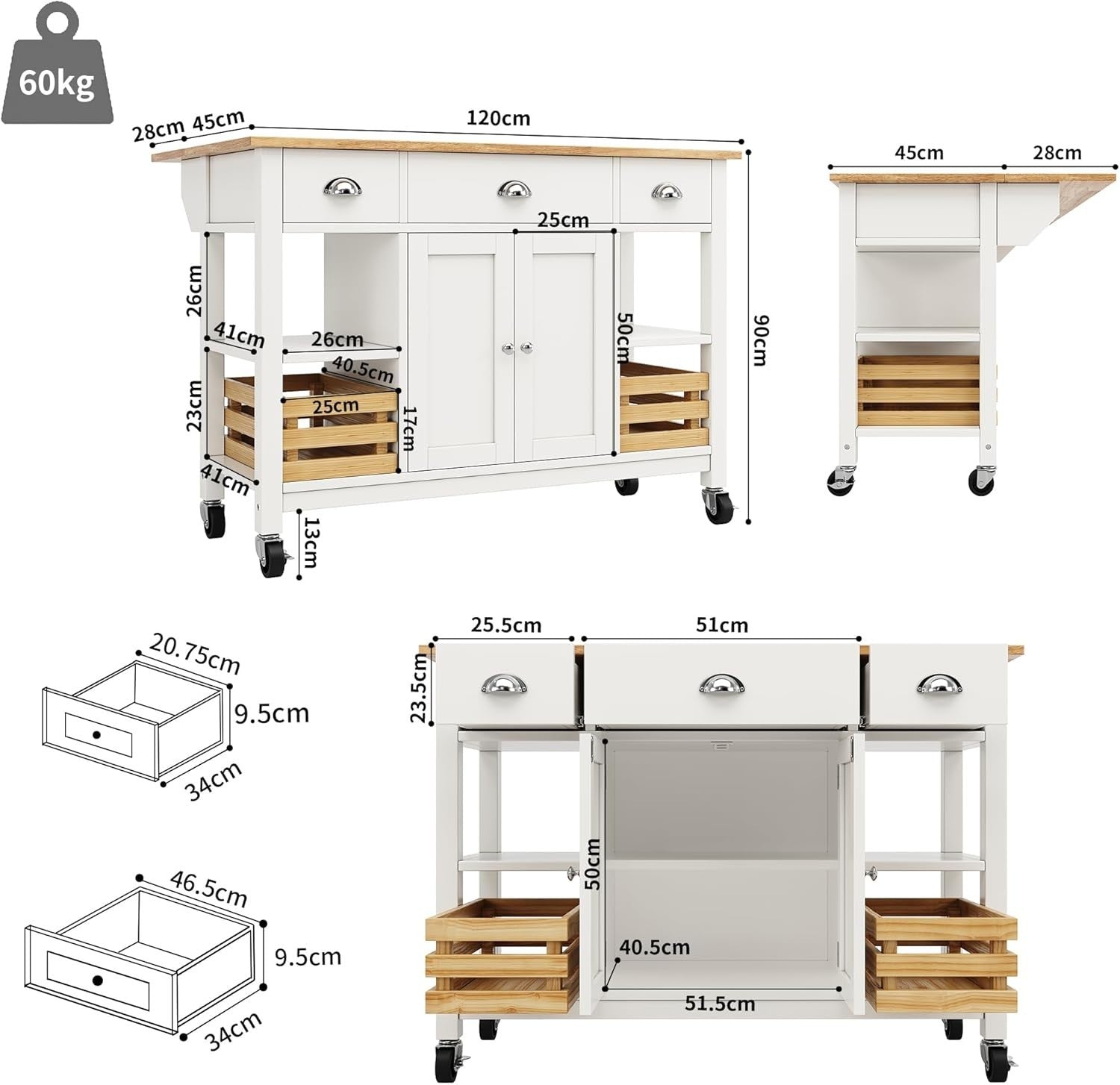 Kitchen Island Trolley on Wheels with Drawers, Cabinet & Folding Tabletop - Kwikley
