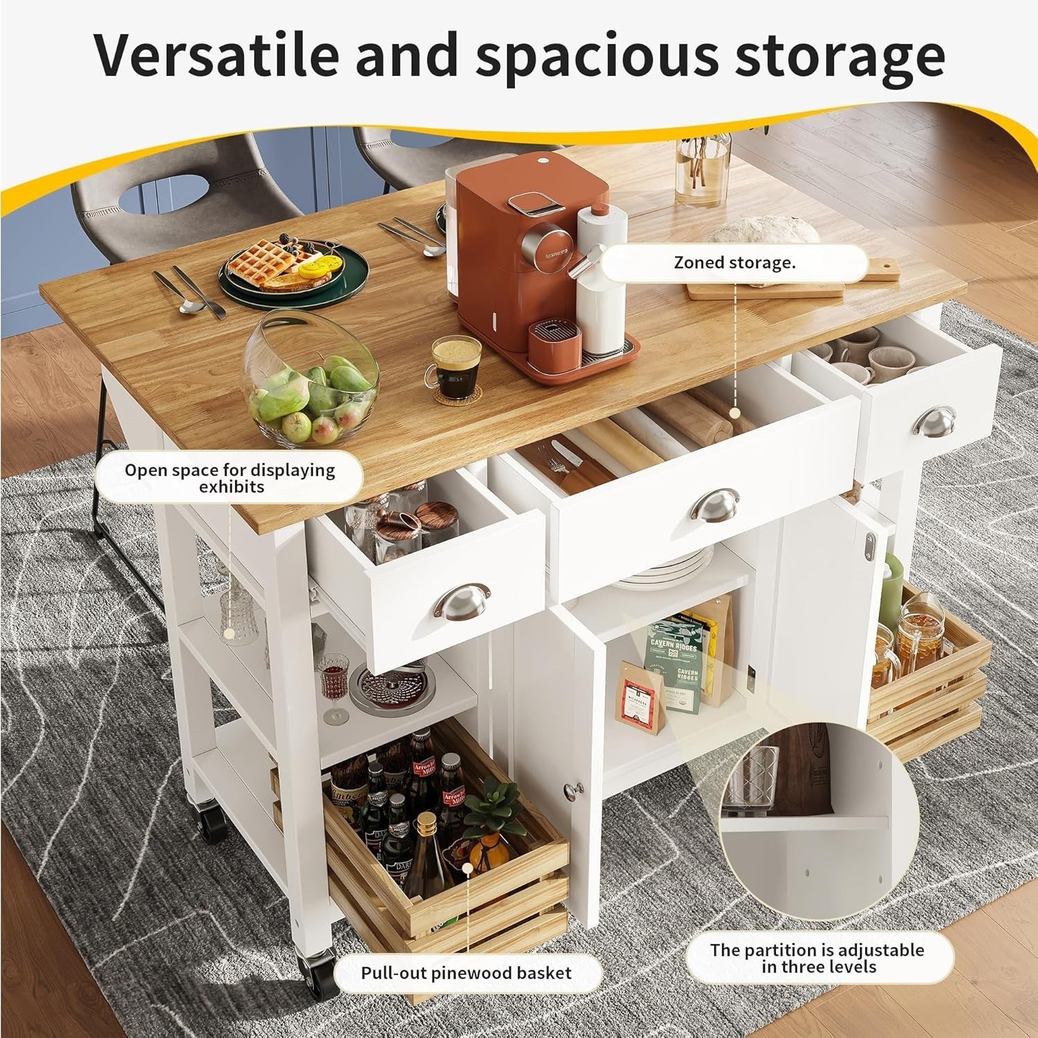 Kitchen Island Trolley on Wheels with Drawers, Cabinet & Folding Tabletop - Kwikley