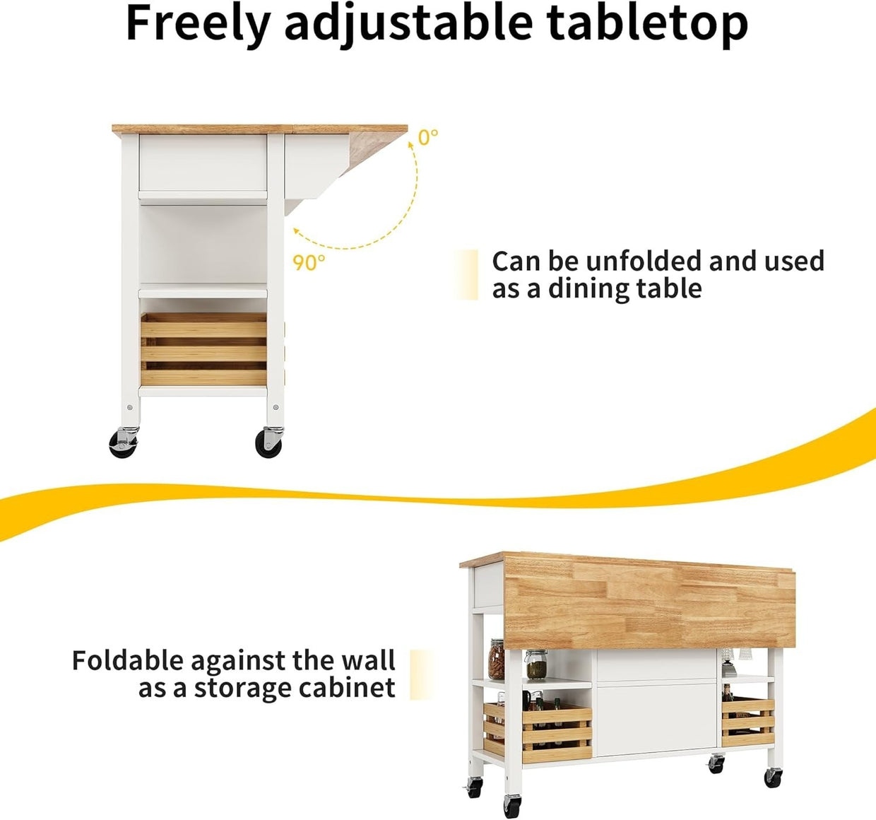 Kitchen Island Trolley on Wheels with Drawers, Cabinet & Folding Tabletop - Kwikley