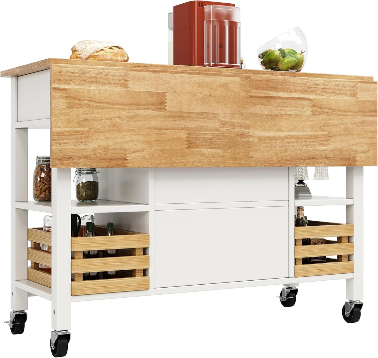 Kitchen Island Trolley on Wheels with Drawers, Cabinet & Folding Tabletop - Kwikley