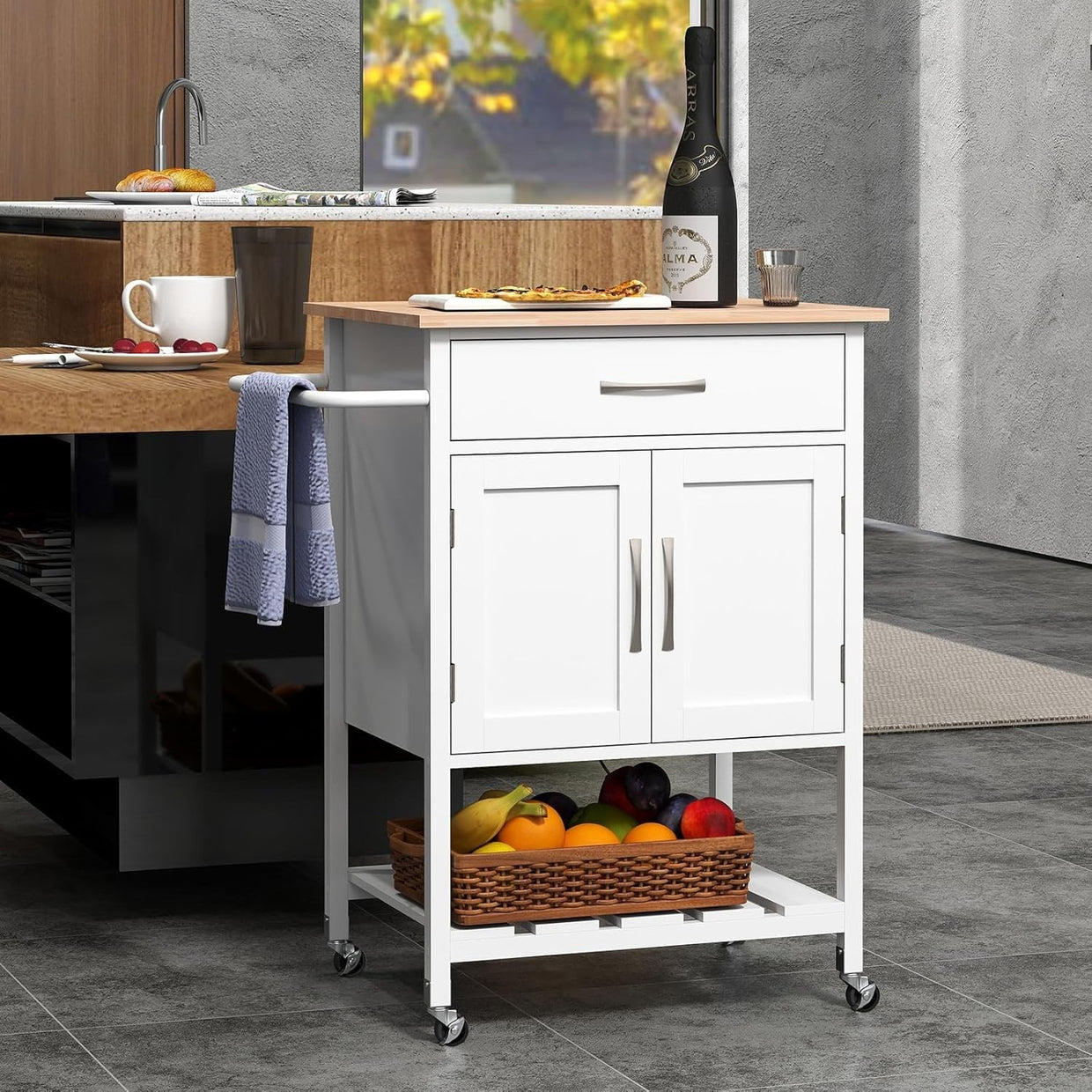 Kitchen Island Trolley with 2 - Door Cabinet & Drawer White 73x48x90cm - Kwikley