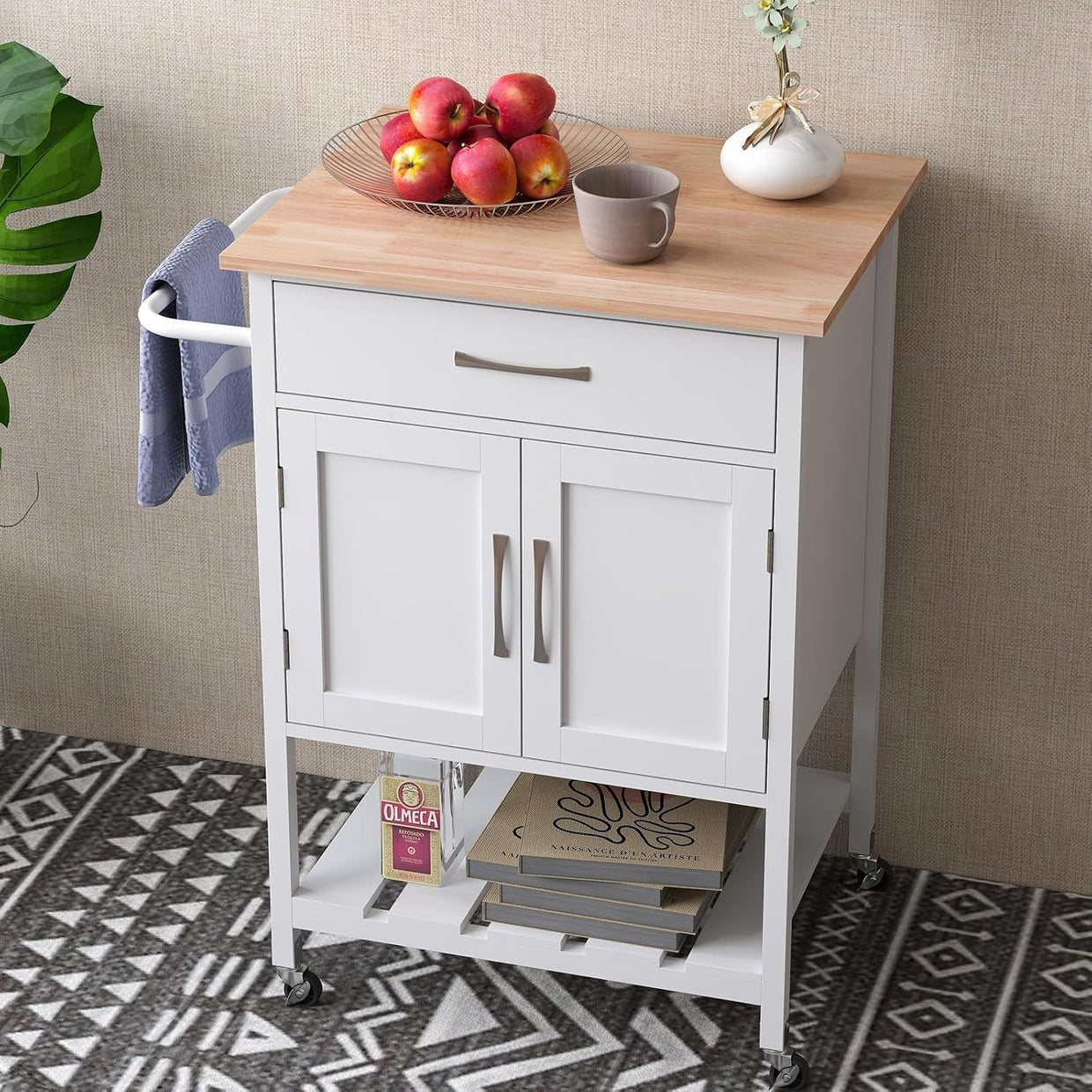 Kitchen Island Trolley with 2 - Door Cabinet & Drawer White 73x48x90cm - Kwikley
