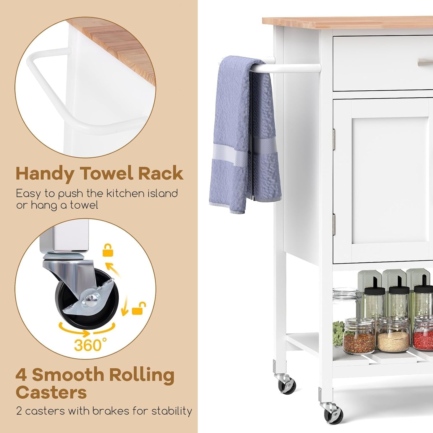 Kitchen Island Trolley with 2 - Door Cabinet & Drawer White 73x48x90cm - Kwikley