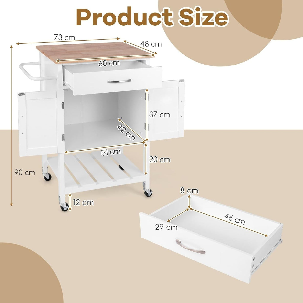 Kitchen Island Trolley with 2 - Door Cabinet & Drawer White 73x48x90cm - Kwikley