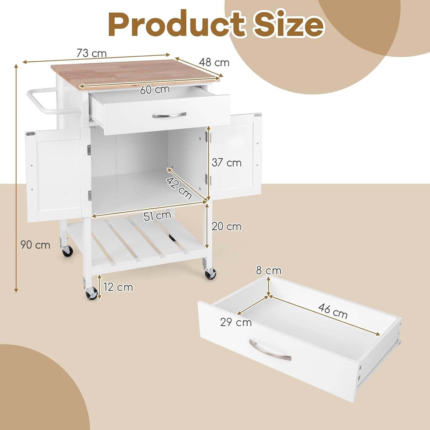 Kitchen Island Trolley with 2 - Door Cabinet & Drawer White 73x48x90cm - Kwikley