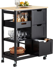 Kitchen Island Trolley with 3 Drawers & Removable Tray Black 67x37cm - Kwikley
