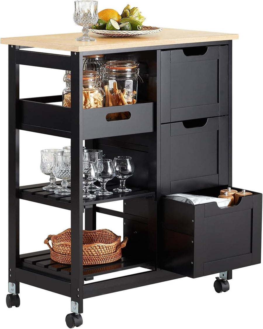 Kitchen Island Trolley with 3 Drawers & Removable Tray Black 67x37cm - Kwikley