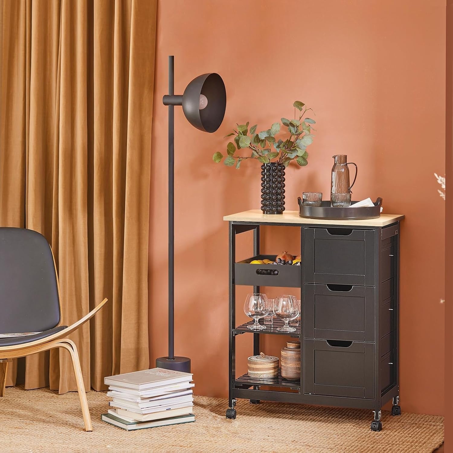 Kitchen Island Trolley with 3 Drawers & Removable Tray Black 67x37cm - Kwikley