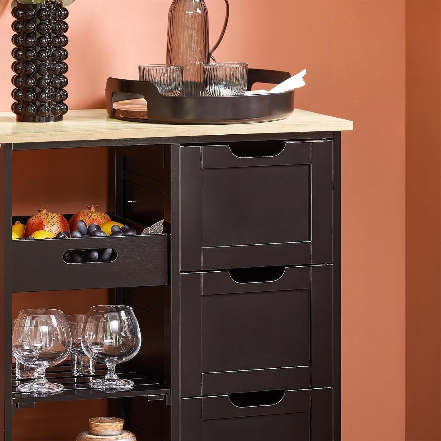 Kitchen Island Trolley with 3 Drawers & Removable Tray Black 67x37cm - Kwikley