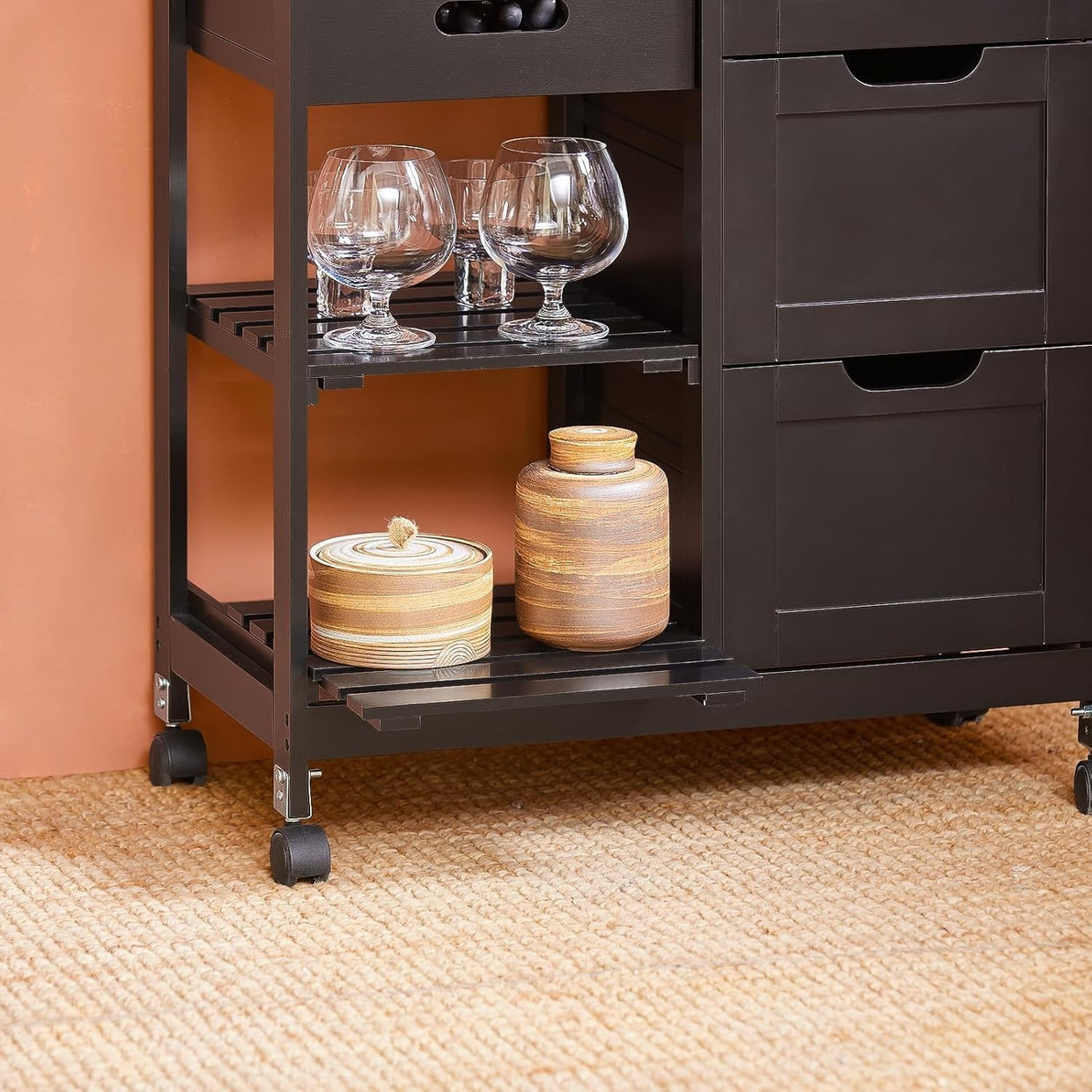 Kitchen Island Trolley with 3 Drawers & Removable Tray Black 67x37cm - Kwikley