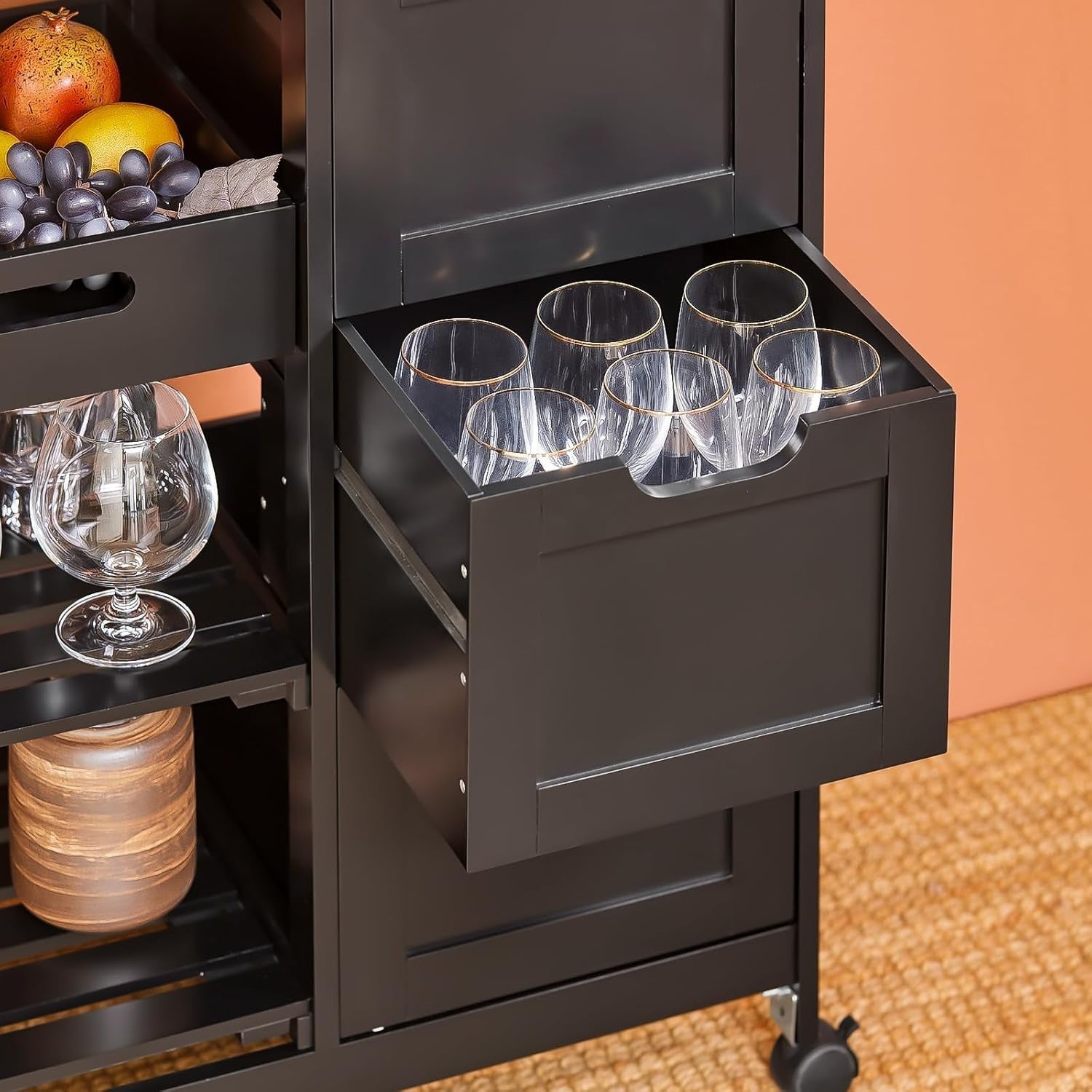 Kitchen Island Trolley with 3 Drawers & Removable Tray Black 67x37cm - Kwikley
