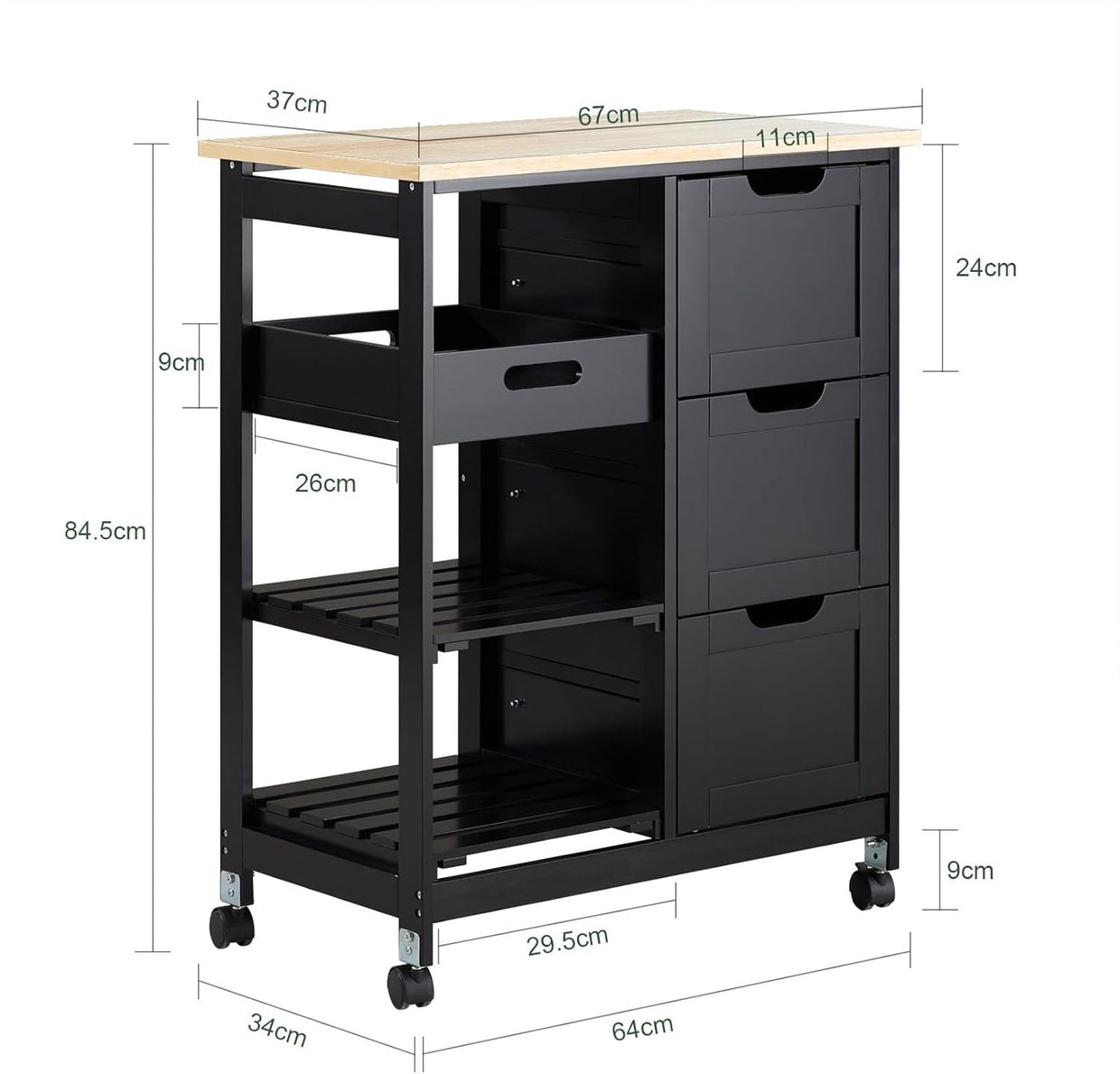 Kitchen Island Trolley with 3 Drawers & Removable Tray Black 67x37cm - Kwikley
