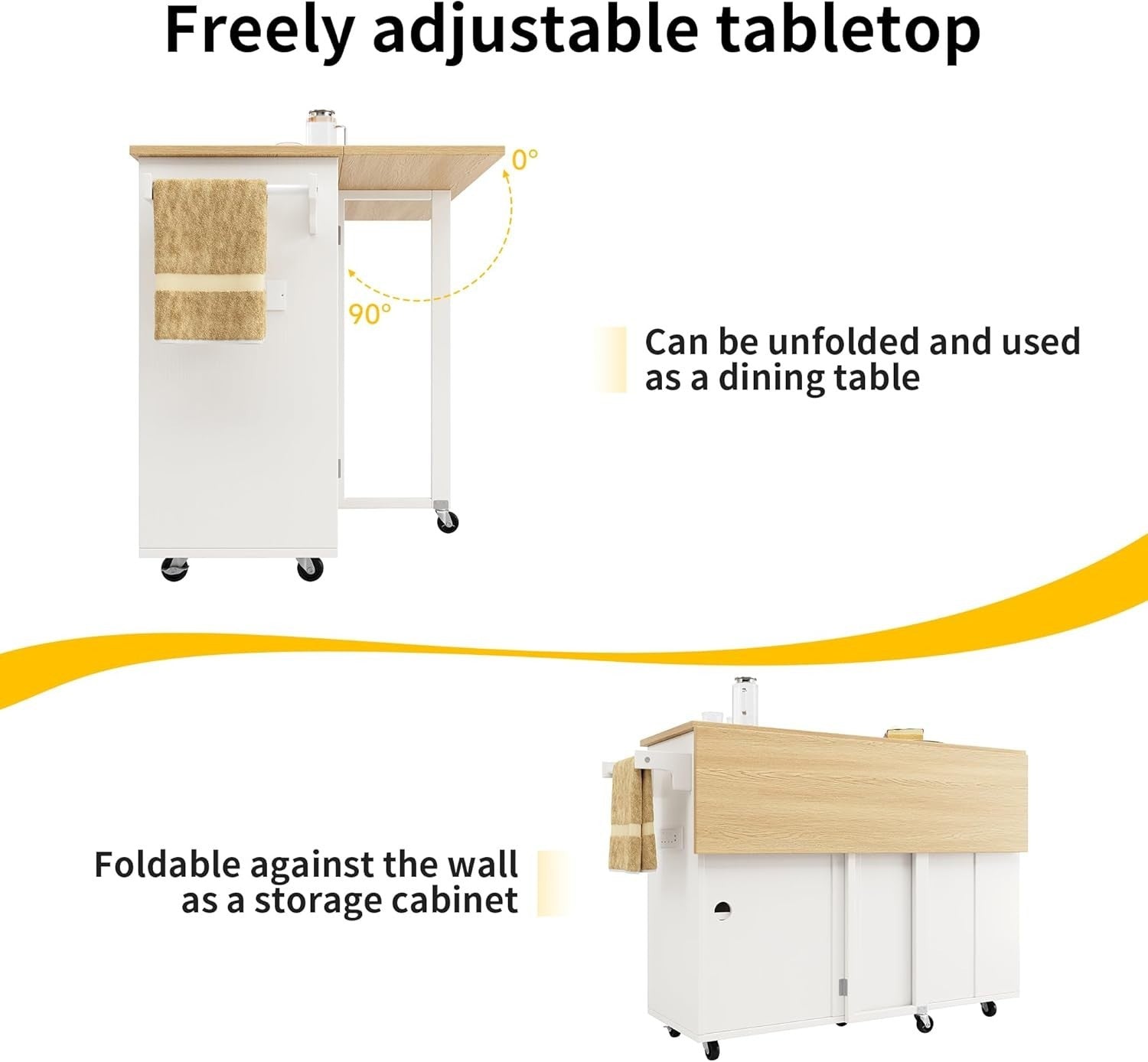Kitchen Island Trolley with Foldable Table, Power Strip & Storage Drawers - Kwikley