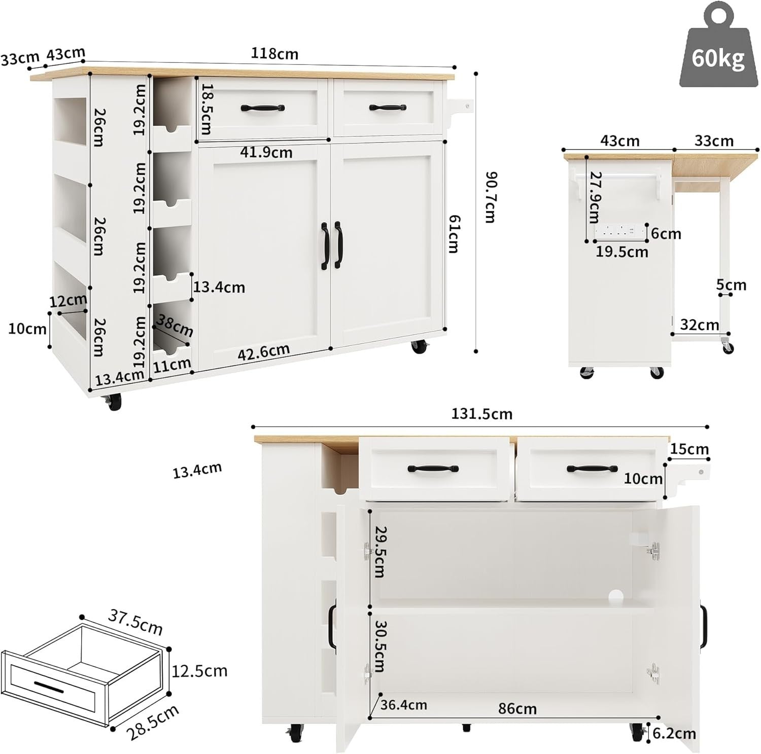Kitchen Island Trolley with Foldable Table, Power Strip & Storage Drawers - Kwikley