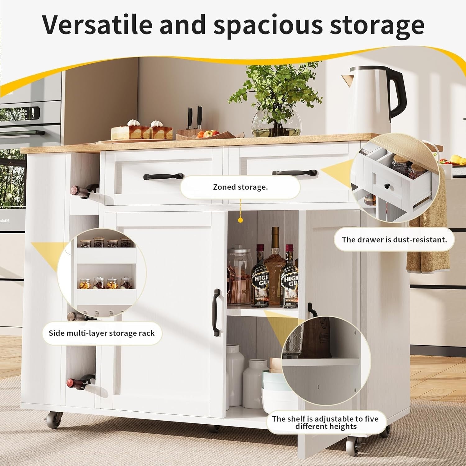 Kitchen Island Trolley with Foldable Table, Power Strip & Storage Drawers - Kwikley