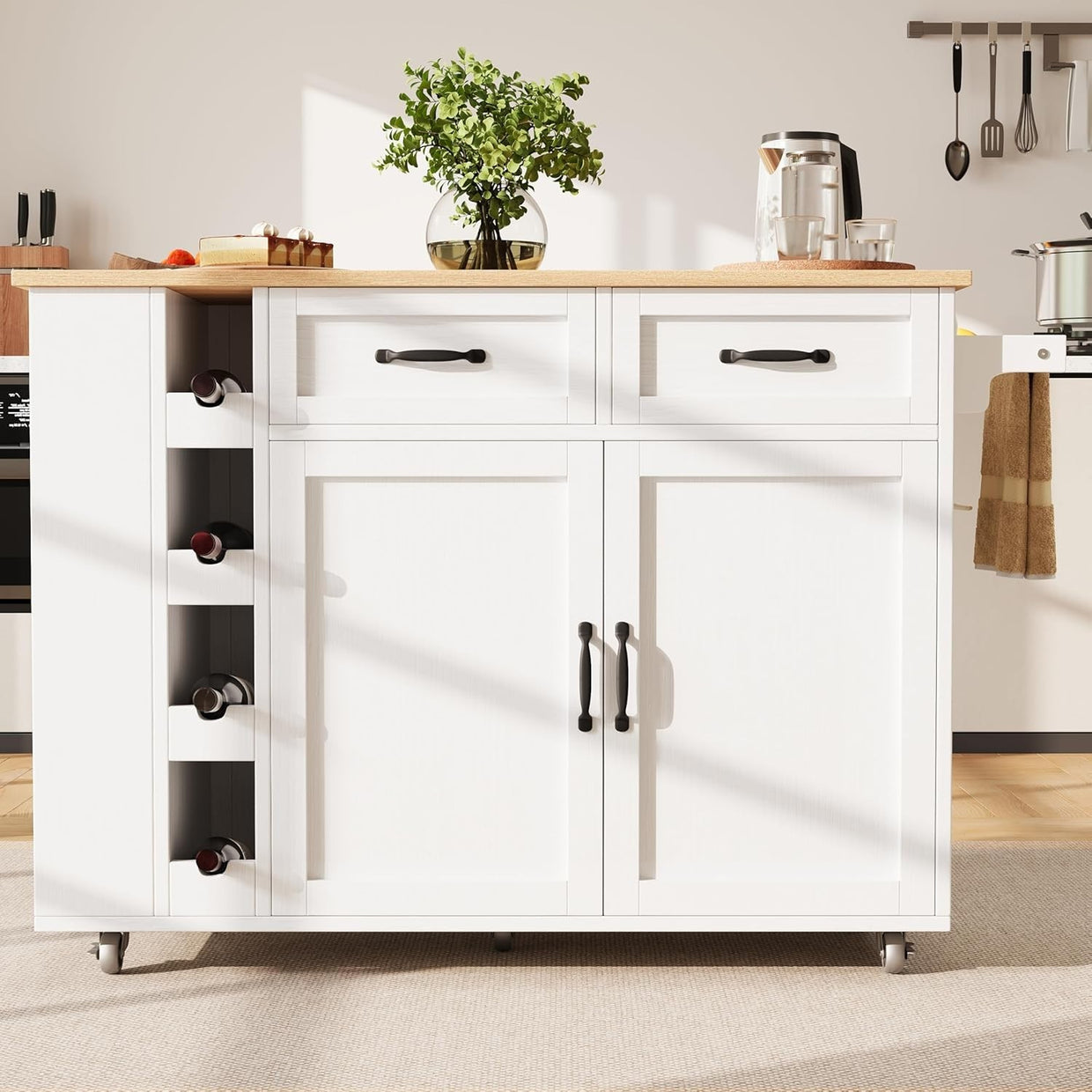 Kitchen Island Trolley with Foldable Table, Power Strip & Storage Drawers - Kwikley