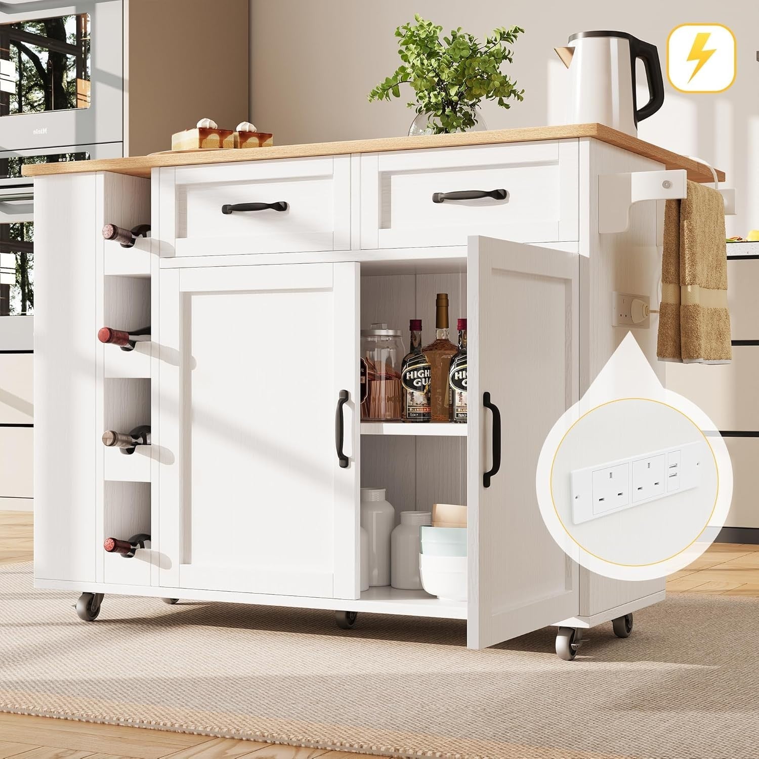 Kitchen Island Trolley with Foldable Table, Power Strip & Storage Drawers - Kwikley