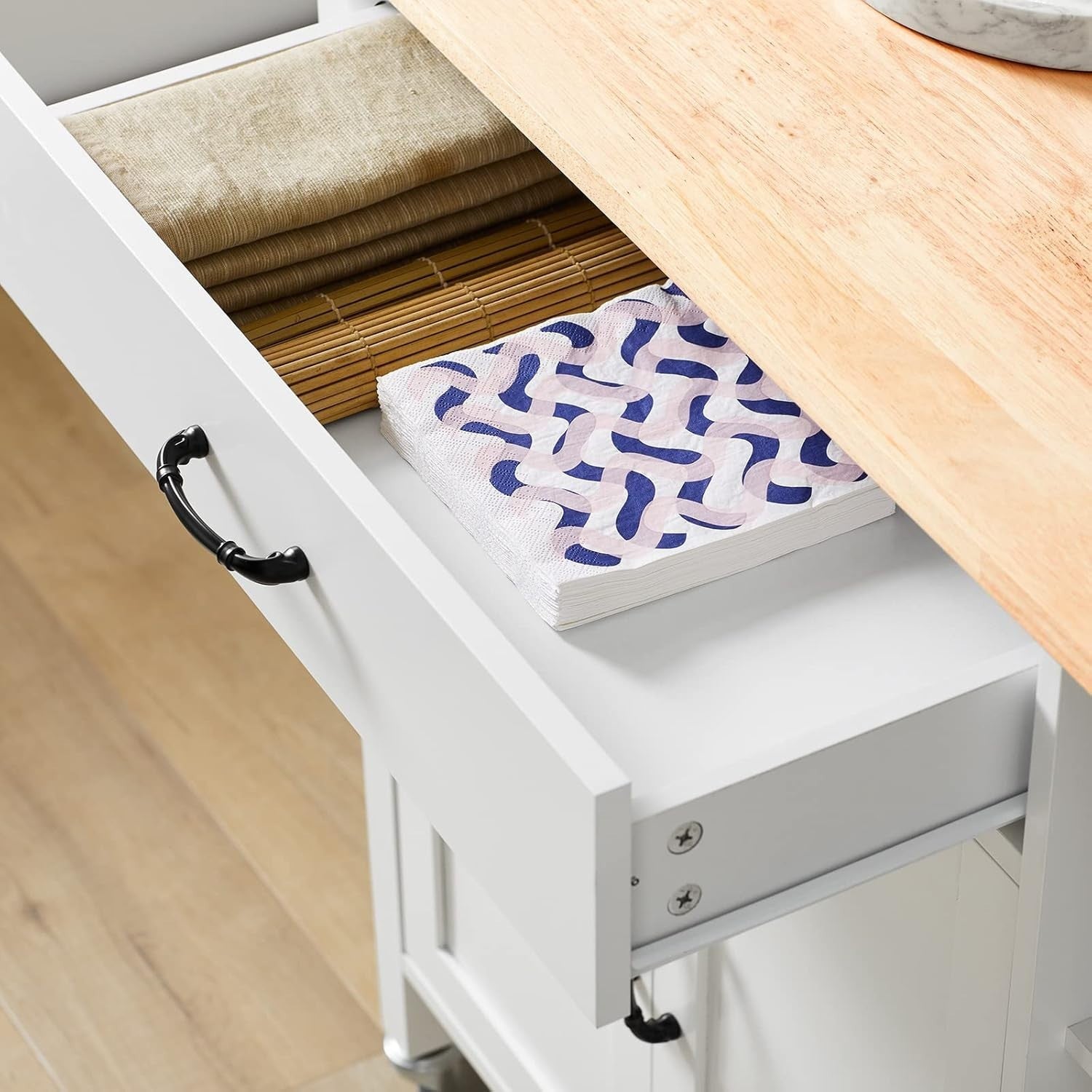 Kitchen Storage Trolley Cart with Rubber Wood Top, Drawer & Wheels, 108x48x89cm - Kwikley