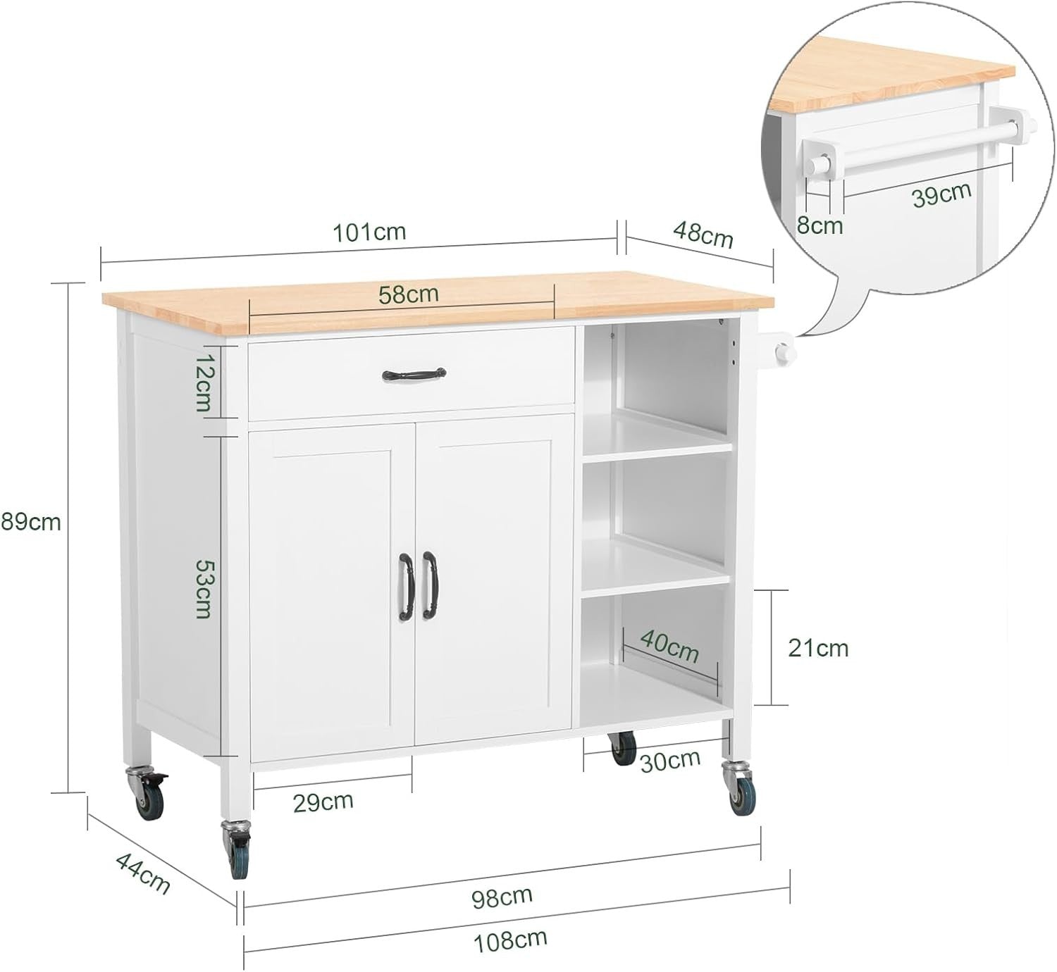 Kitchen Storage Trolley Cart with Rubber Wood Top, Drawer & Wheels, 108x48x89cm - Kwikley