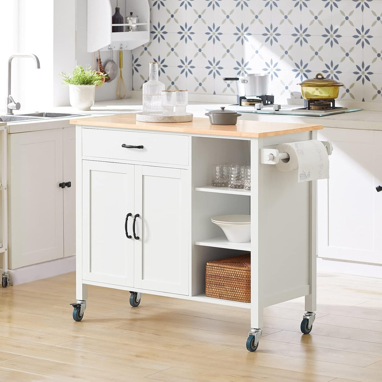 Kitchen Storage Trolley Cart with Rubber Wood Top, Drawer & Wheels, 108x48x89cm - Kwikley