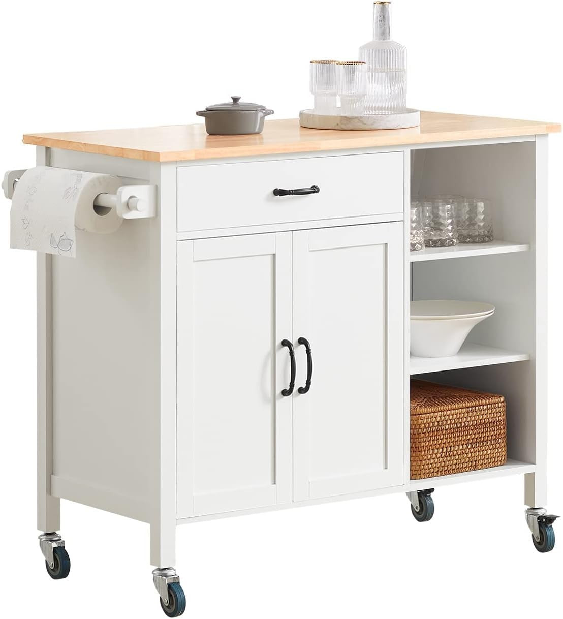 Kitchen Storage Trolley Cart with Rubber Wood Top, Drawer & Wheels, 108x48x89cm - Kwikley