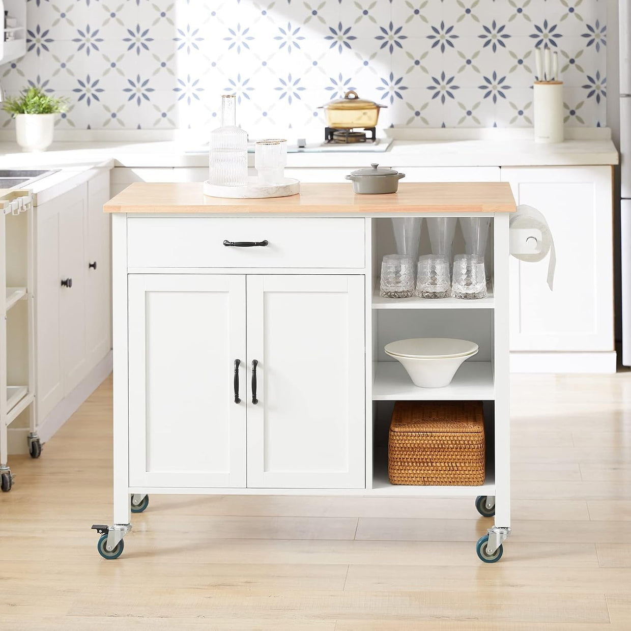 Kitchen Storage Trolley Cart with Rubber Wood Top, Drawer & Wheels, 108x48x89cm - Kwikley